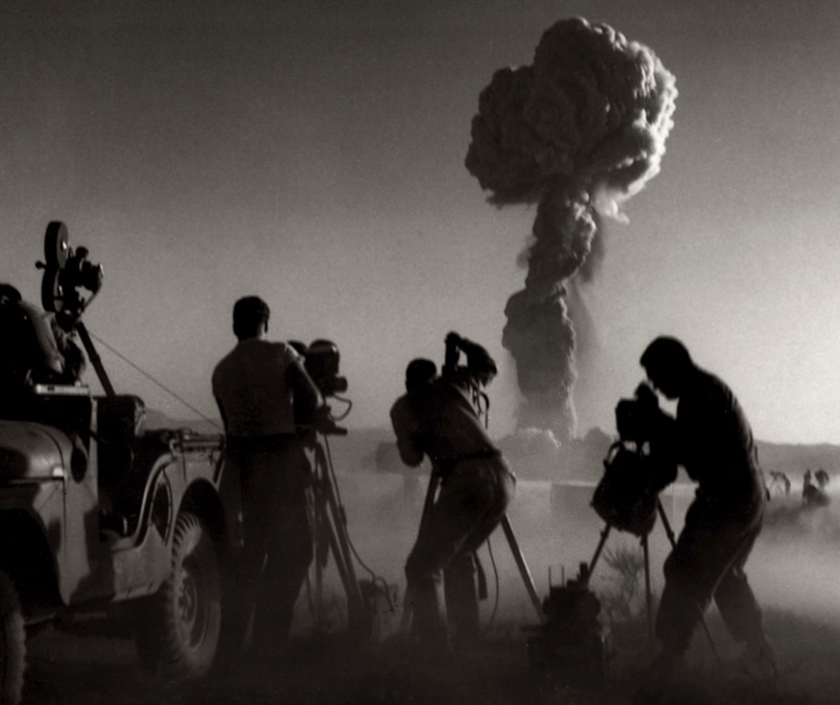 Filmmakers capture an explosion at the Nevada test site, 1957. 